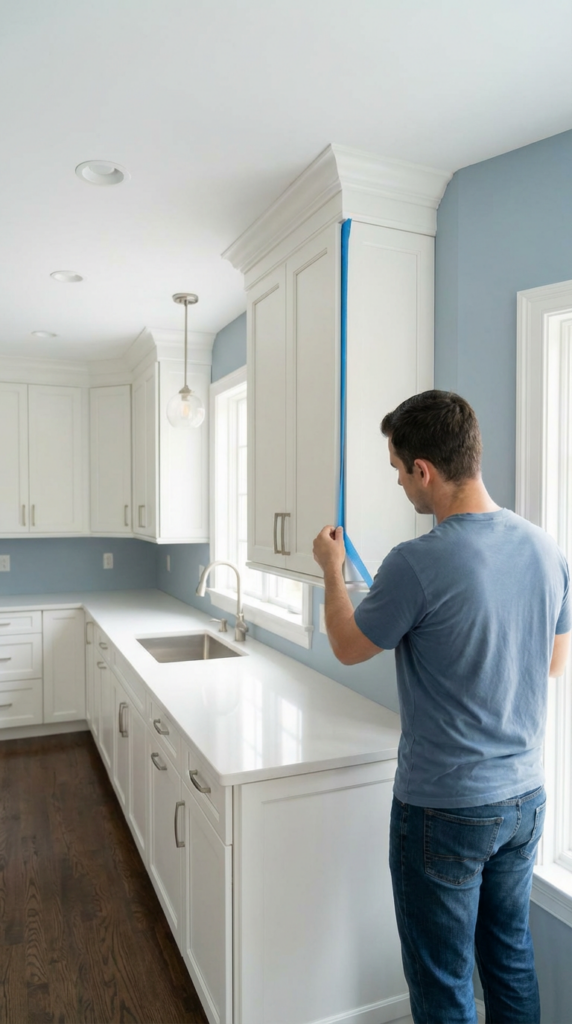 Painter masking cabinetry before refinishing in a Westchester County kitchen